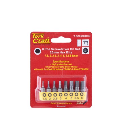 H1.5mm-H6.0mm - 8 Piece Hex Screwdriver Bit Set |