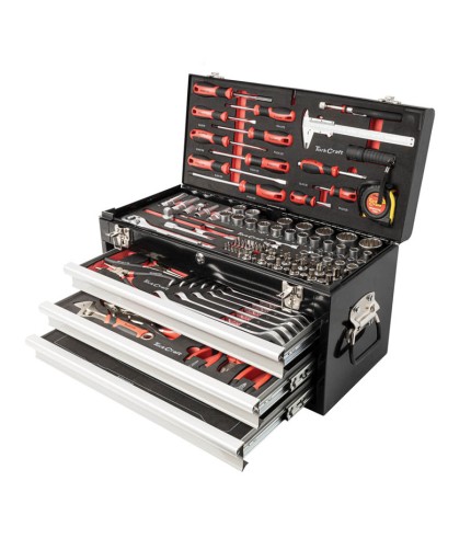 154PCS - 3 Drawer Toolbox Set - With Tools - Top Tray 535x255x315 - Track Box| Torkcraft
